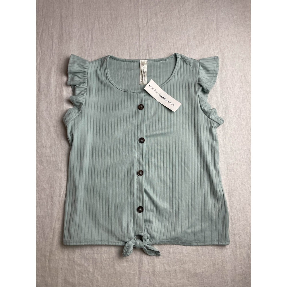 Heart and Arrow Blouse Womens 16 Green Ribbed Knit Flutter Sleeve Tie Front NWT